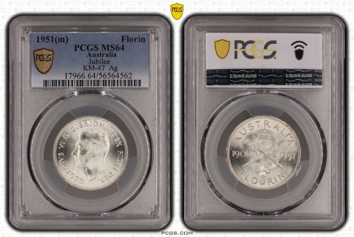 Australia 1951 m Jubilee Silver Florin Coin PCGS MS64 Choice Unc #4562
