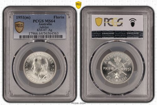 Australia 1951 m Jubilee Silver Florin Coin PCGS MS64 Choice Unc #4563