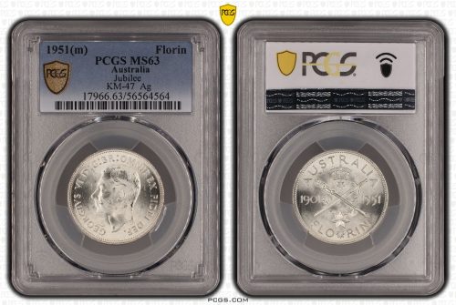 Australia 1951 m Jubilee Silver Florin Coin PCGS MS63 Choice Unc #4564