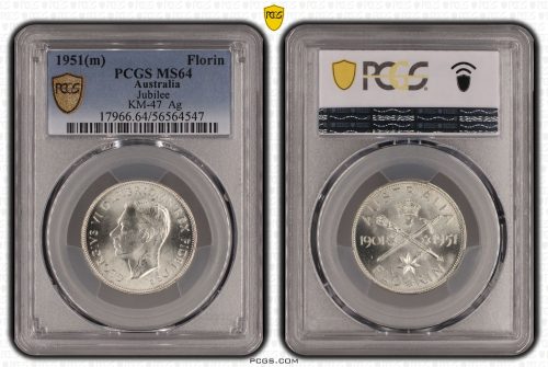 Australia 1951 Jubilee Silver Florin Coin PCGS MS64 Choice Unc #4547