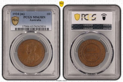 Australia 1934 m Penny Coin PCGS MS63BN Choice Unc #3816