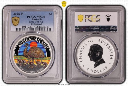 Australia 2026 P Emu $1 1oz Silver Coin PCGS MS70 Eq Top Pop #8053