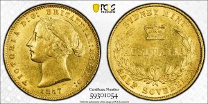 Australia 1857 Sydney Mint Gold Half Sovereign PCGS AU58 #1054