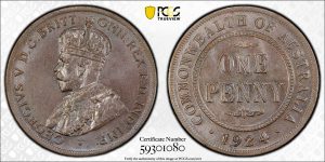 Australia 1924 KGV English Obverse Penny PCGS MS63BN Choice Unc #1080