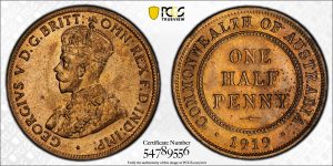 Australia 1919 Half Penny Coin PCGS MS64RB Superb Choice Unc #9556