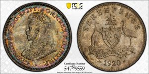 Australia 1920-M Threepence Coin PCGS MS64 Superb Choice Unc #9559