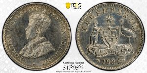 Australia 1934/3 Overdate Threepence Coin PCGS UNC Details #9562
