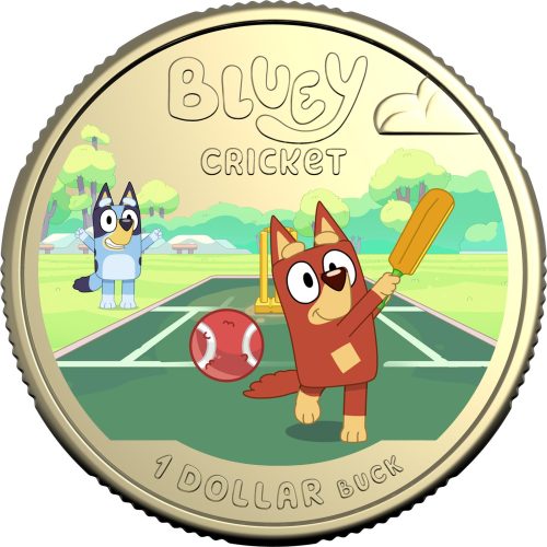 2027 $1 Coin color-printed with Bluey playing cricket